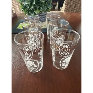 Vintage Federal‎ Glass Tumblers 12oz. White and Gold Floral Pattern 6